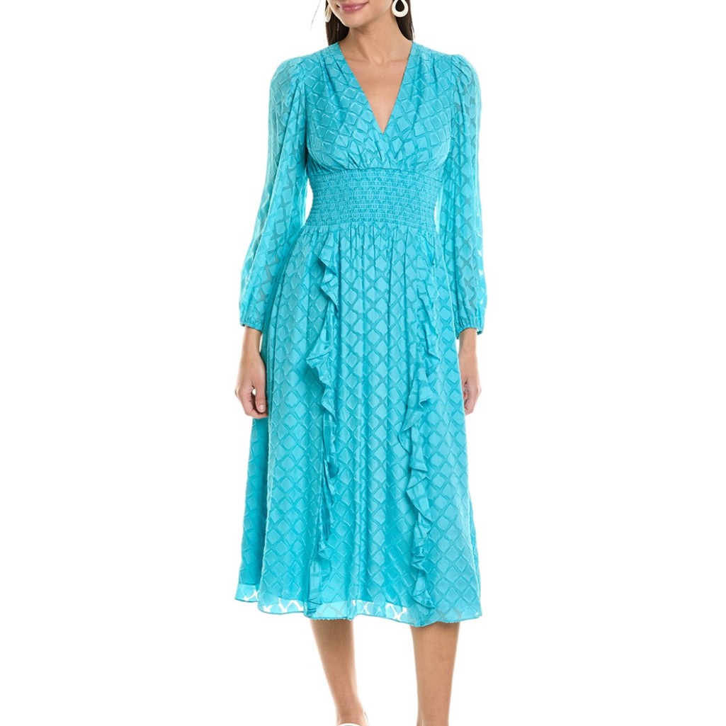 Shoshanna Katina Smocked Ruffle Trim Blue Midi Dress